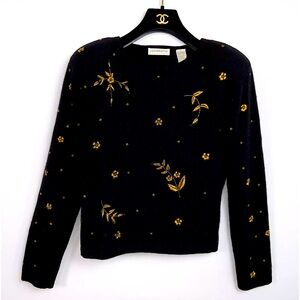 Vintage LIZ CLAIBORNE Lambswool & Rabbit Petite S Sweater Black Gold Embellished